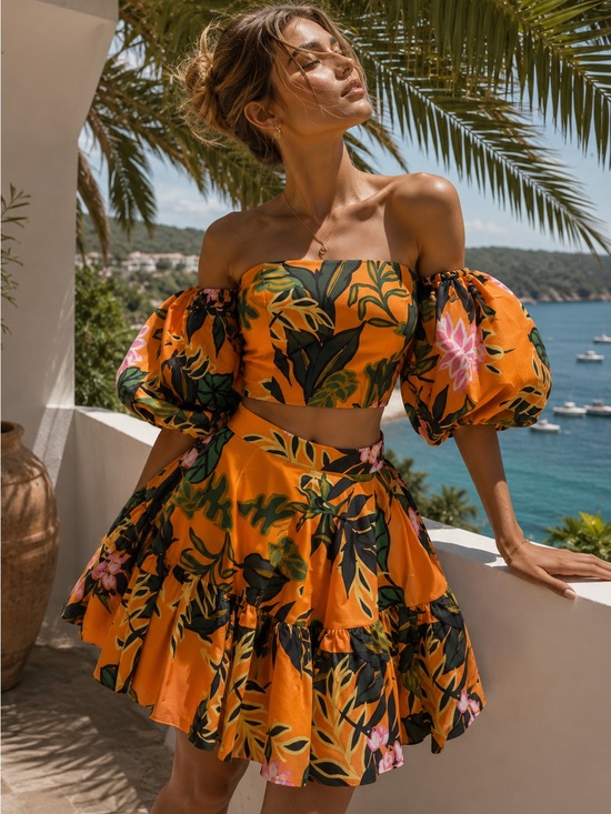 H&M Dresses & Skirts - RARE SKIRT SET BLOGGER FAVORITE H&M Orange flare puff sleeve tropical crop XS M